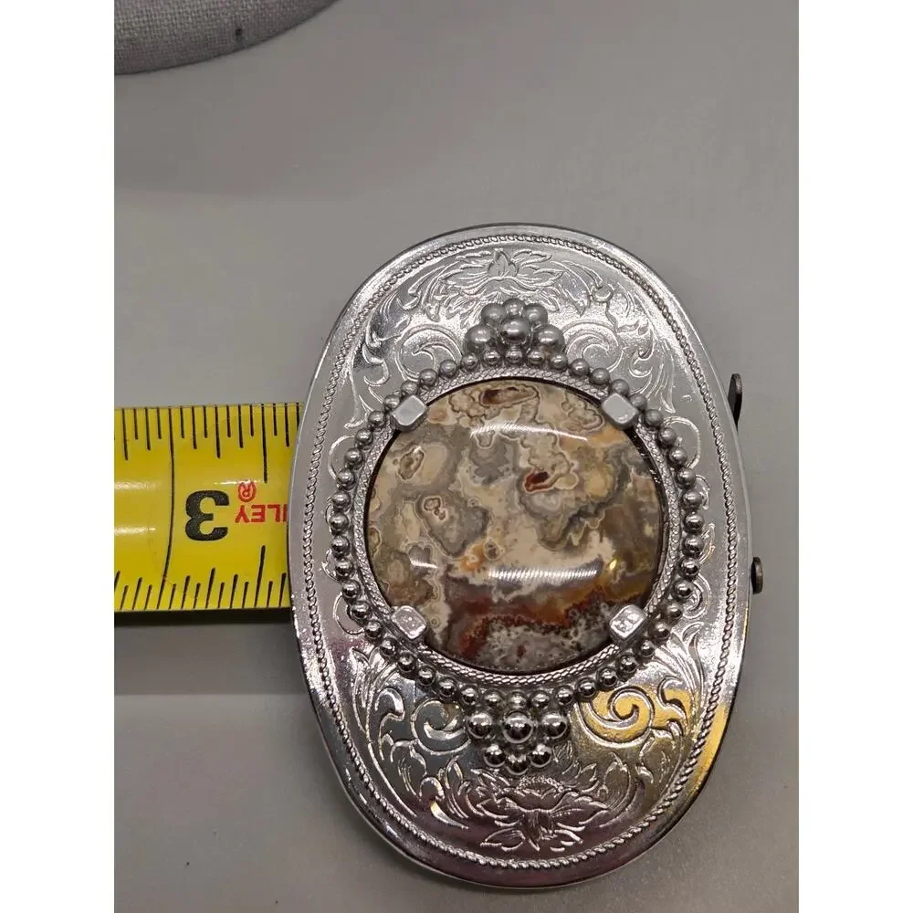Western belt Buckle Engraved Silver-Tone With A Polished Agate Gemstone Cabochon